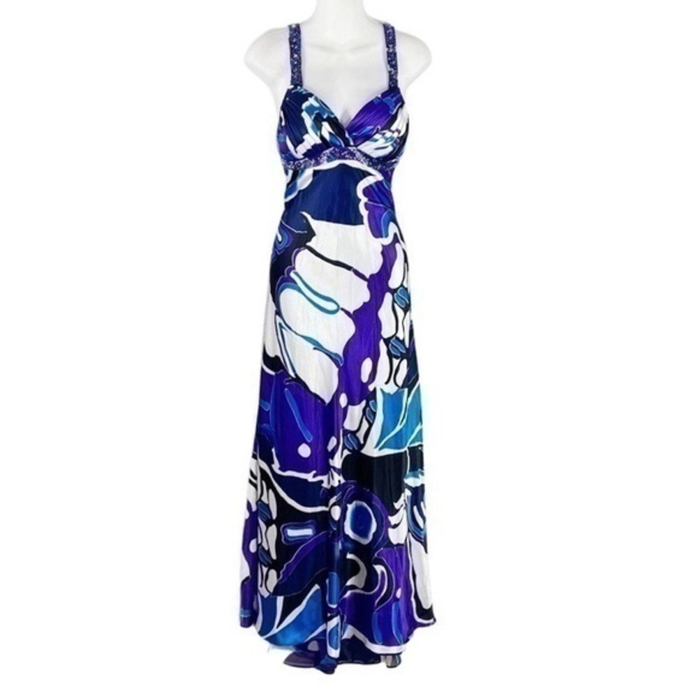 Xscape purple blue white black bold printed cross back maxi gown dress 6 FF5